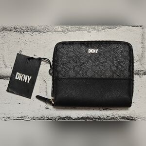 DKNY Vela Zip Around Wallet Black Leather Logo Compact NWT